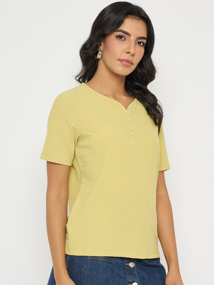 Madame Henley Neck Solid Mustard Yellow T-Shirt