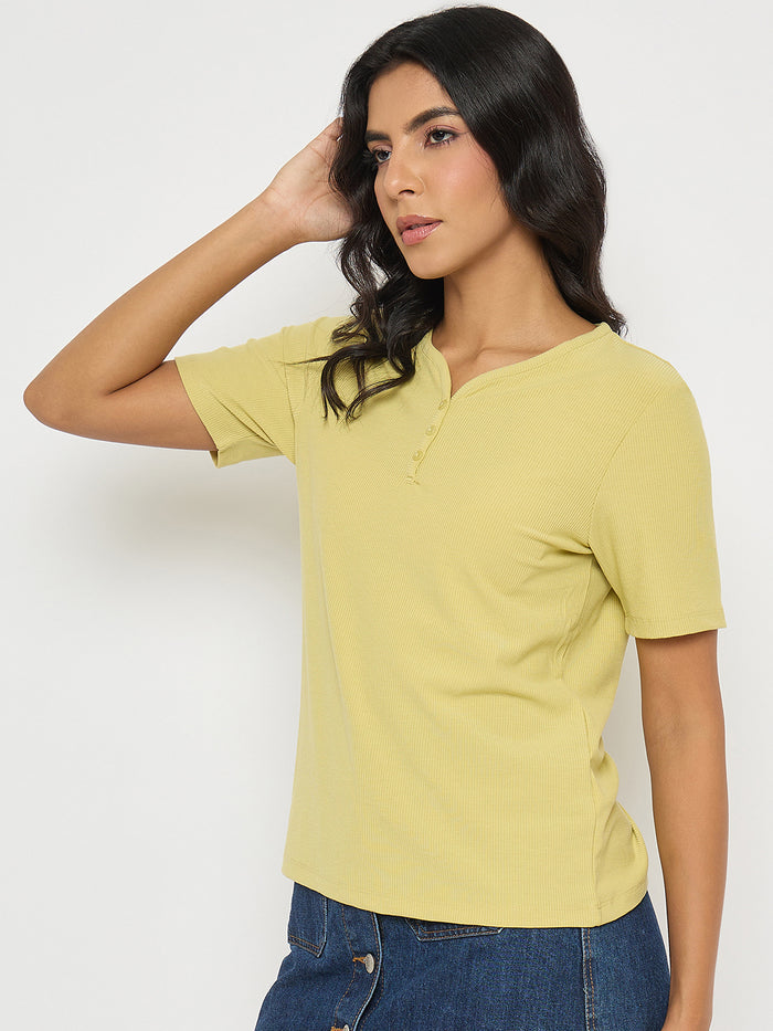 Madame Henley Neck Solid Mustard Yellow T-Shirt