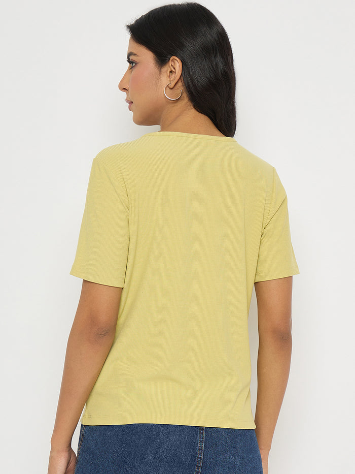 Madame Henley Neck Solid Mustard Yellow T-Shirt