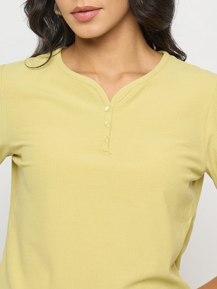 Madame Henley Neck Solid Mustard Yellow T-Shirt