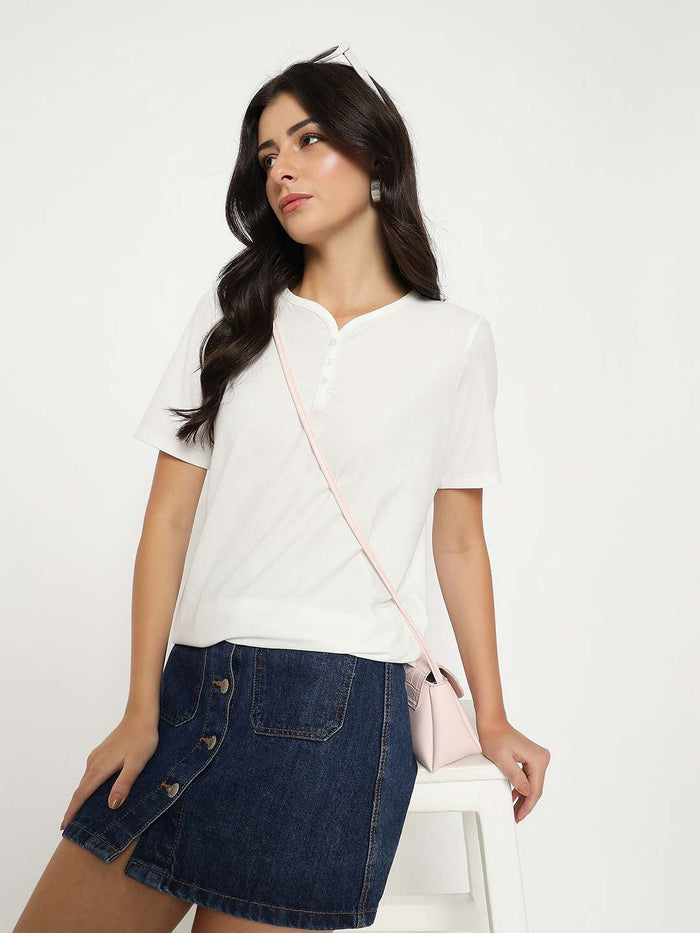 Madame Henley Neck Solid White T-Shirt