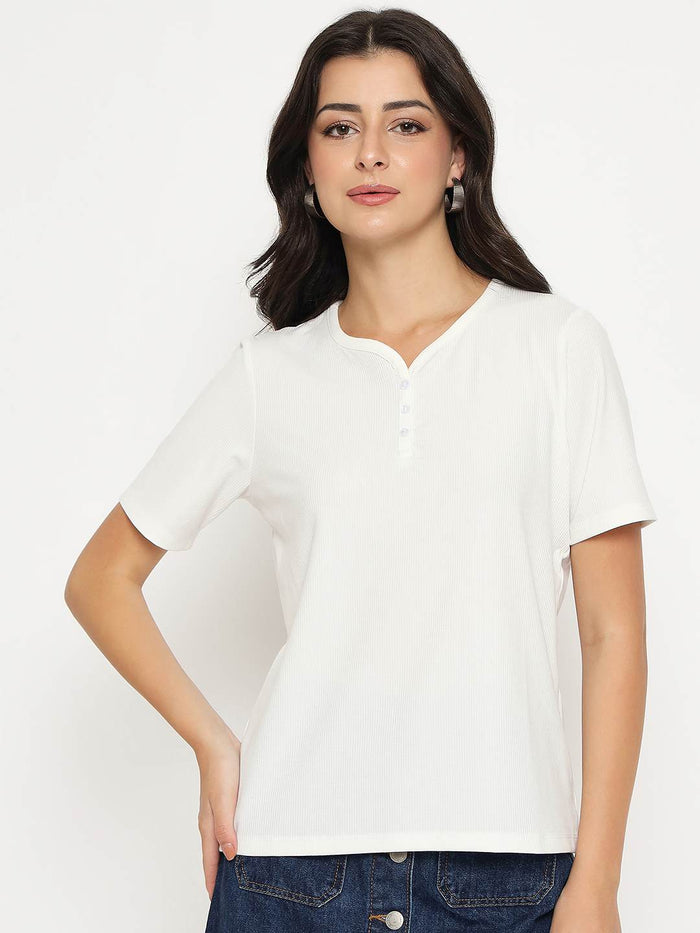 Madame Henley Neck Solid White T-Shirt