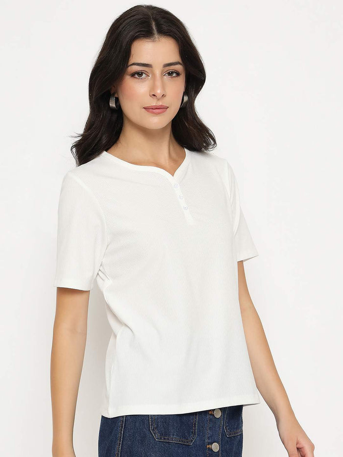 Madame Henley Neck Solid White T-Shirt