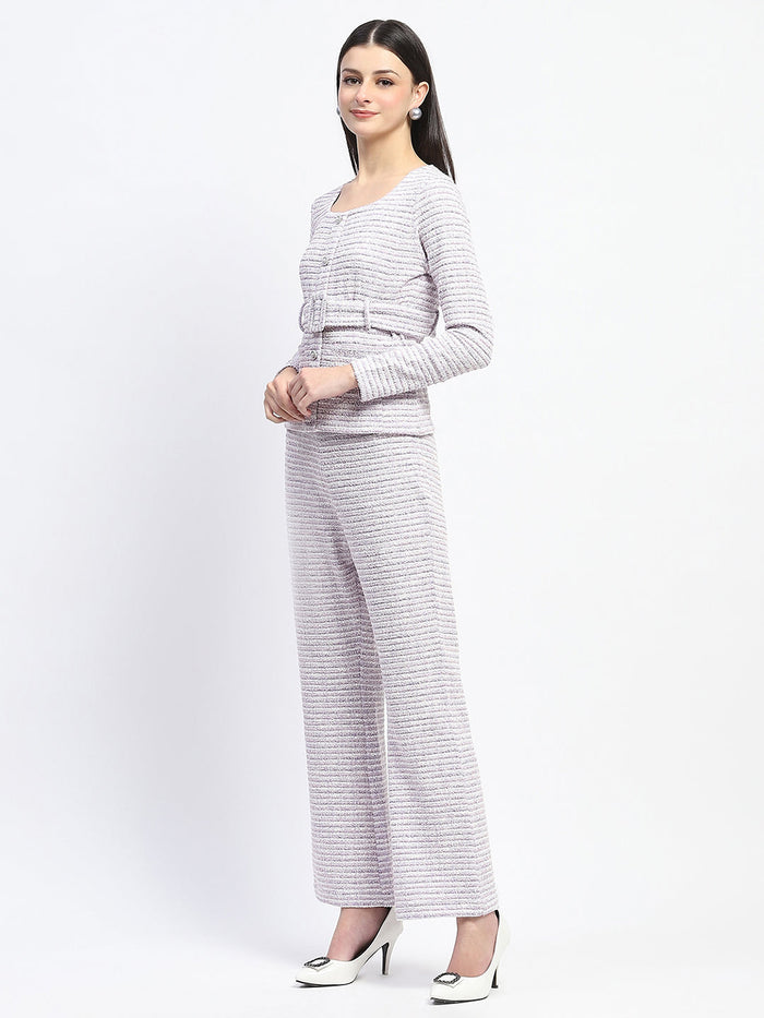 Madame Knitted Buttoned and Belted Top and Bottom Lavender Co-ord Set