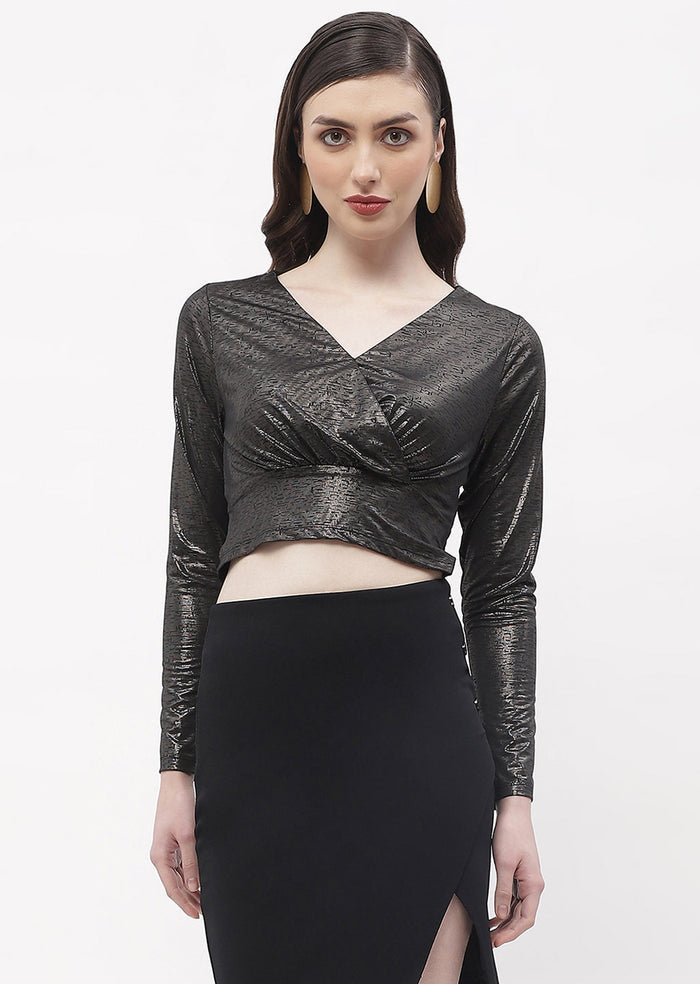 Madame Sweetheart Neck Black Shimmery Crop Top