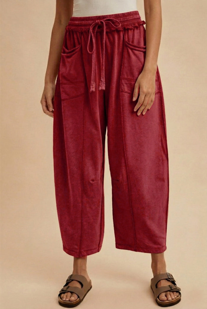 MADDIE MINERAL WASHED BARREL PANTS, BURGUNDY