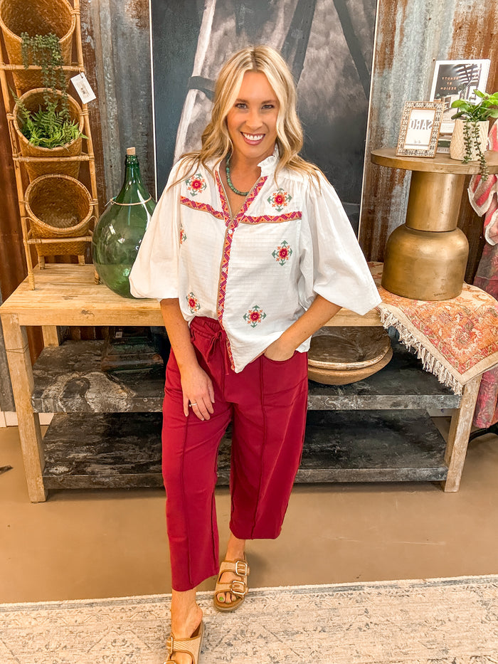 MADDIE MINERAL WASHED BARREL PANTS, BURGUNDY