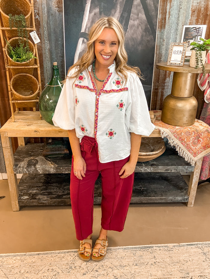 MADDIE MINERAL WASHED BARREL PANTS, BURGUNDY