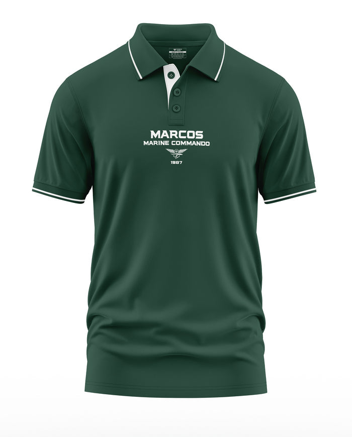 Dark green men's polo t-shirt with MARCOS Marine Commando text and white accents