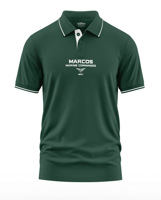 Dark green men's polo t-shirt with MARCOS Marine Commando text and white accents