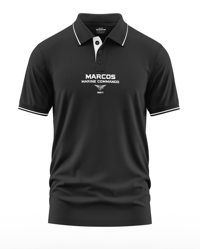 Navy blue men's polo T-shirt with MARCOS Marine Commando print and white trim details