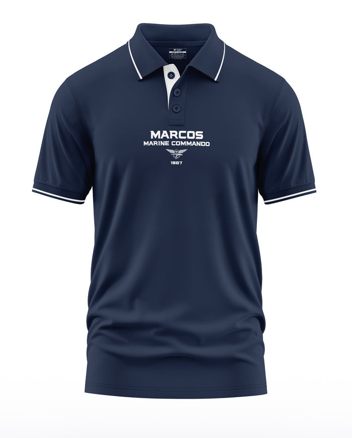 Navy blue men's polo t-shirt with 'MARCO'S MARINE COMMANDO 1987' printed on chest