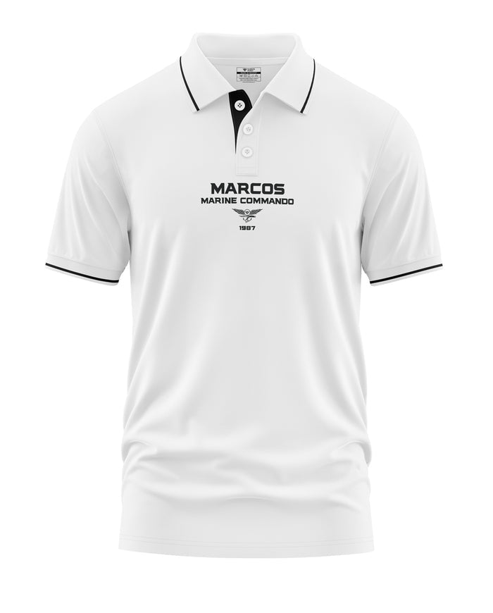 White polo t-shirt with MARCOS Marine Commando 1987 print, black piping on collar and sleeves