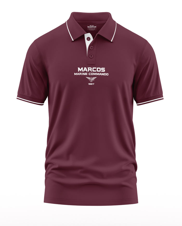 Men's maroon polo t-shirt with MARCOS Marine Commando print, short sleeves, white trim