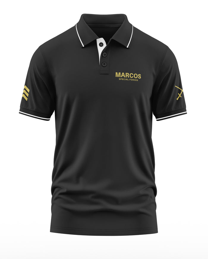 Black polo t-shirt with white trim, MARCOS Special Forces logo, military-inspired sleeve designs
