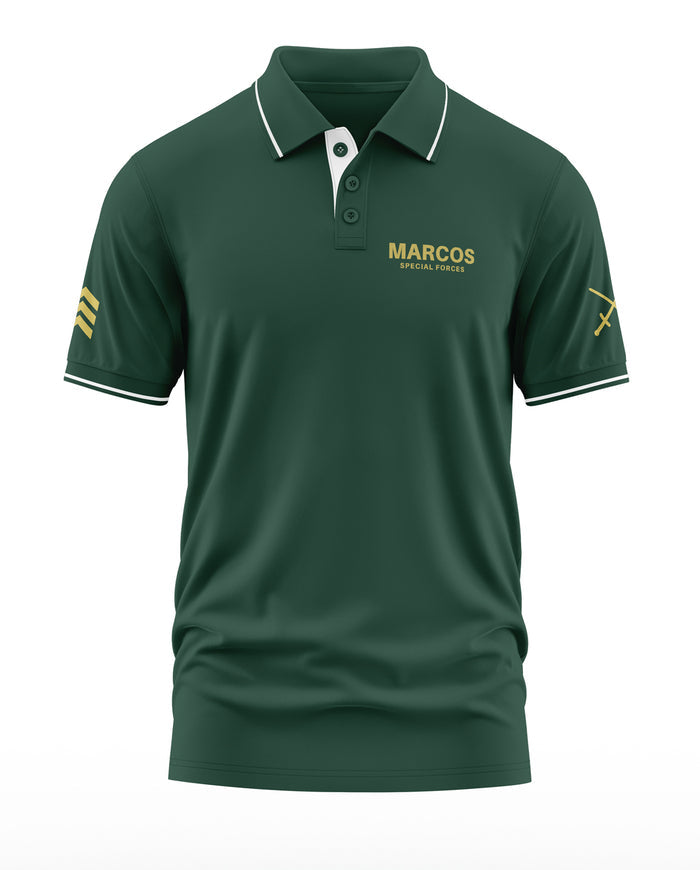 Green men's polo t-shirt with MARCOS Special Forces text and army-inspired sleeve graphics