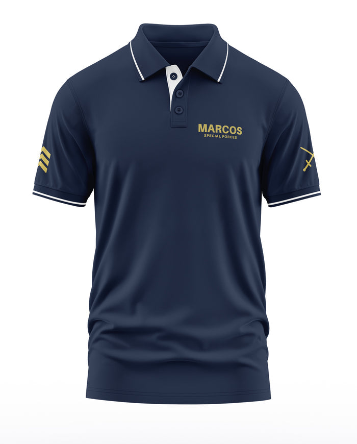 Navy blue men's polo t-shirt with MARCOS Special Forces logo and military insignia prints
