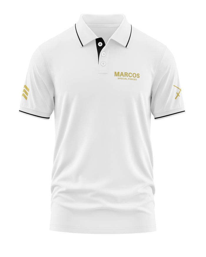 Men's white polo t-shirt with MARCOS Special Forces text and military insignia on sleeves