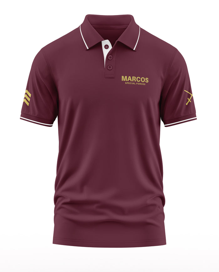 Maroon men's polo t-shirt with MARCOS Special Forces text, army sleeve badges, and white trim.