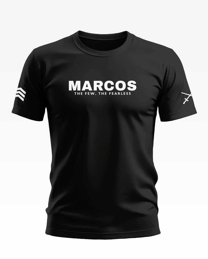 Black men's t-shirt with 'MARCOS The Few, The Fearless' text and graphic on sleeves