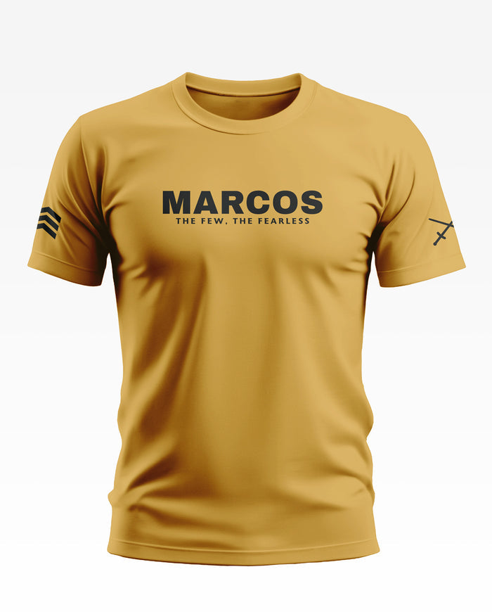 Yellow men's t-shirt with MARCOS slogan, military-inspired graphics on sleeves.