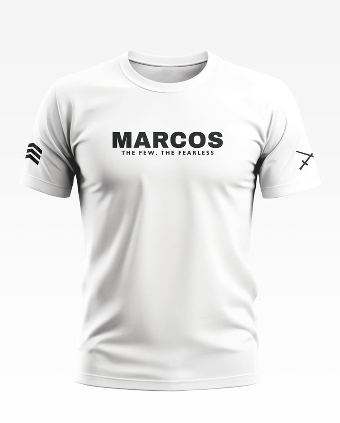 White men's t-shirt with MARCOS text, military-inspired graphics, crew neck, short sleeves.