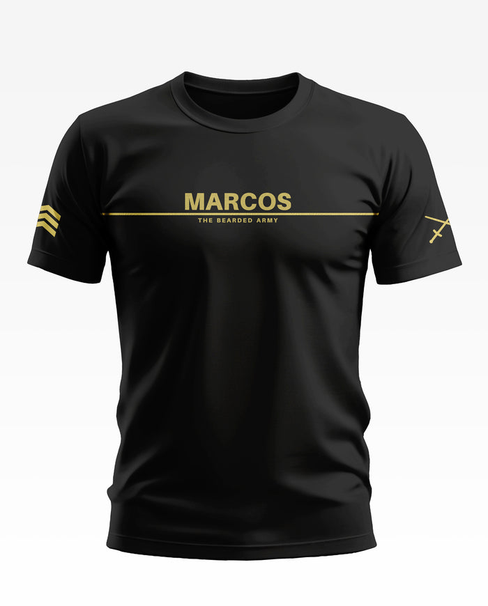 Black men's t-shirt with MARCOS The Bearded Army text and gold graphic details