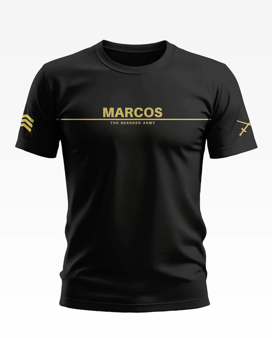 Black men's t-shirt with MARCOS The Bearded Army text and gold graphic details