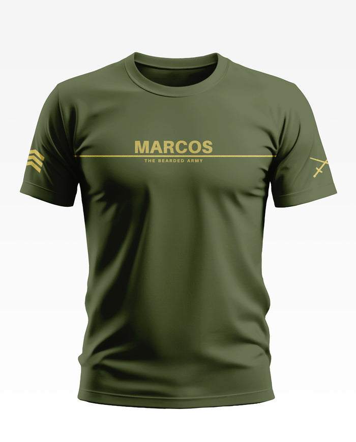 Olive green men's t-shirt with MARCOS and The Bearded Army text, army-inspired design