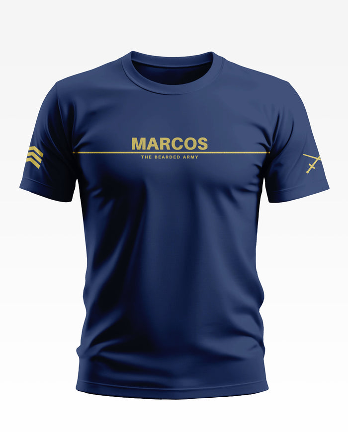 Navy blue men's t-shirt with MARCOS and The Bearded Army text and yellow military graphics