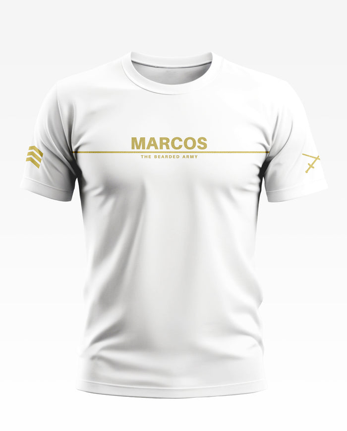 White men's t-shirt with MARCOS The Bearded Army gold print and military-inspired sleeve graphics