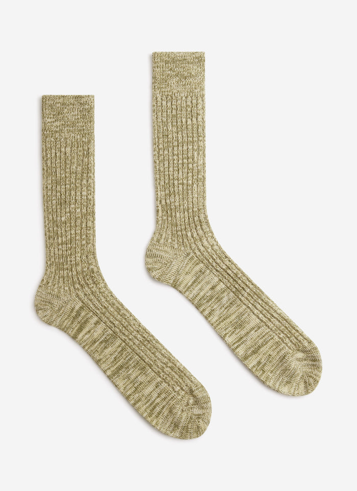 A pair of Percival Marl Socks in Fern Green, showing the ribbed cotton texture, shot against a white background.