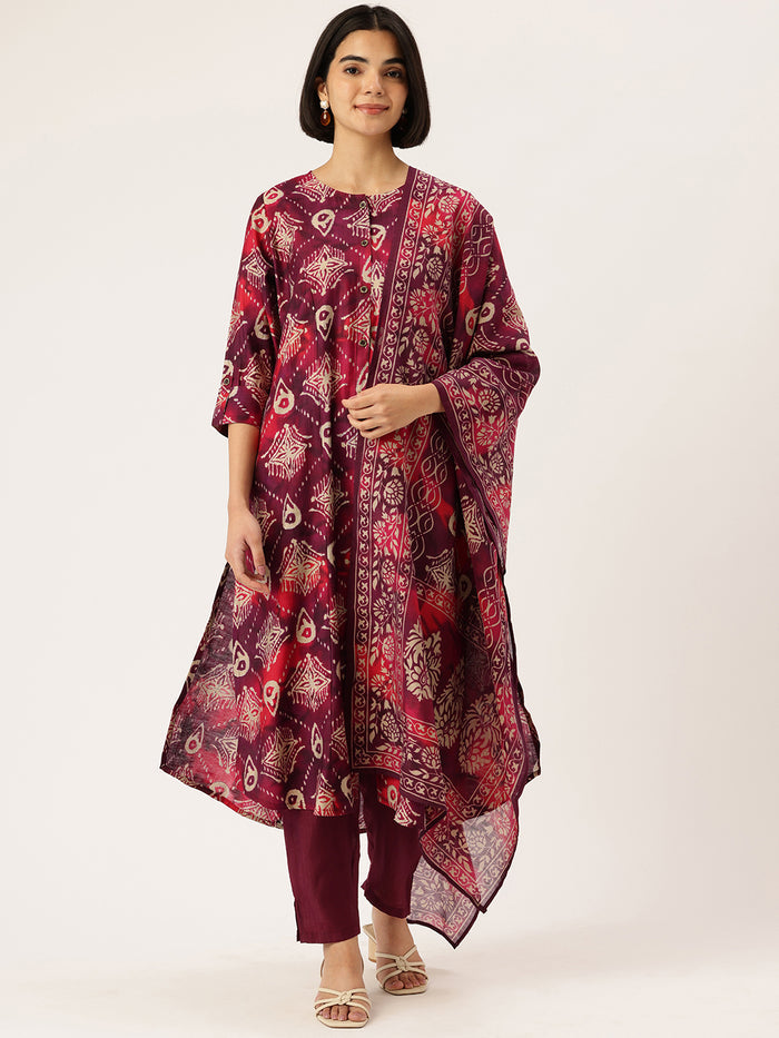 Maroon Floral Printed Roll-Up Sleeves A-Line Kurta & Trousers With Dupatta, Maroon kurta set, floral printed kurta set, A-line kurta set, kurta trouser dupatta set, women ethnic wear, Indian ethnic wear, printed kurta set, roll-up sleeves kurta set, maroon floral kurta set, festive wear for women kurta set