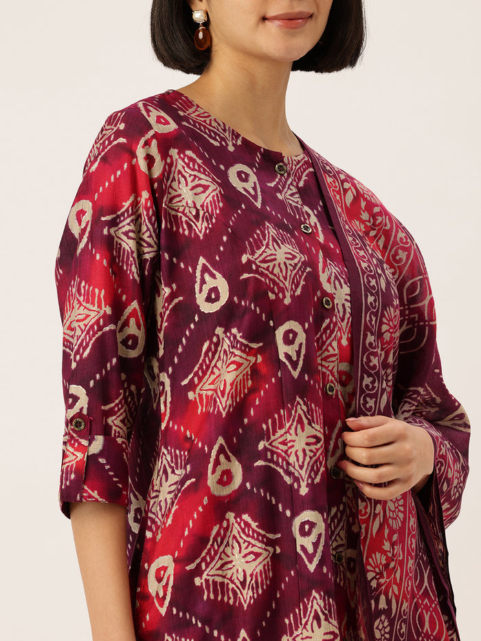 Maroon Floral Printed Roll-Up Sleeves A-Line Kurta & Trousers With Dupatta, Maroon kurta set, floral printed kurta set, A-line kurta set, kurta trouser dupatta set, women ethnic wear, Indian ethnic wear, printed kurta set, roll-up sleeves kurta set, maroon floral kurta set, festive wear for women kurta set