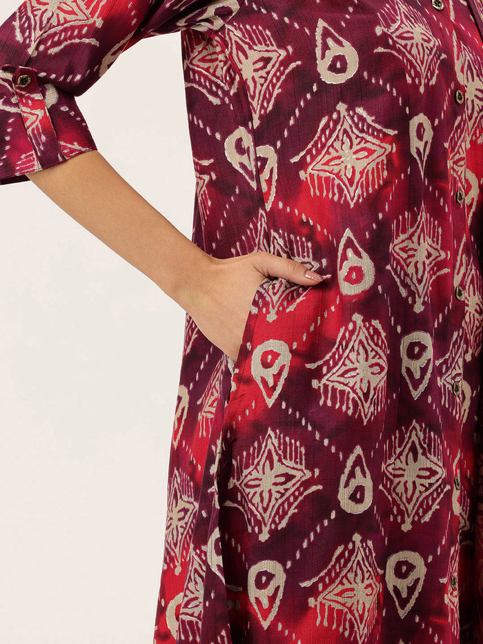 Maroon Floral Printed Roll-Up Sleeves A-Line Kurta & Trousers With Dupatta, Maroon kurta set, floral printed kurta set, A-line kurta set, kurta trouser dupatta set, women ethnic wear, Indian ethnic wear, printed kurta set, roll-up sleeves kurta set, maroon floral kurta set, festive wear for women kurta set