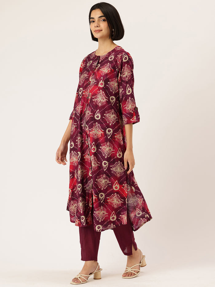 Maroon Floral Printed Roll-Up Sleeves A-Line Kurta & Trousers With Dupatta, Maroon kurta set, floral printed kurta set, A-line kurta set, kurta trouser dupatta set, women ethnic wear, Indian ethnic wear, printed kurta set, roll-up sleeves kurta set, maroon floral kurta set, festive wear for women kurta set