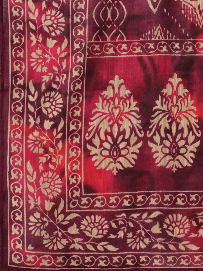 Maroon Floral Printed Roll-Up Sleeves A-Line Kurta & Trousers With Dupatta, Maroon kurta set, floral printed kurta set, A-line kurta set, kurta trouser dupatta set, women ethnic wear, Indian ethnic wear, printed kurta set, roll-up sleeves kurta set, maroon floral kurta set, festive wear for women kurta set