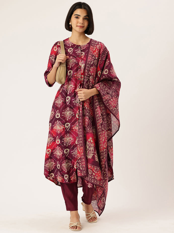 Maroon Floral Printed Roll-Up Sleeves A-Line Kurta & Trousers With Dupatta, Maroon kurta set, floral printed kurta set, A-line kurta set, kurta trouser dupatta set, women ethnic wear, Indian ethnic wear, printed kurta set, roll-up sleeves kurta set, maroon floral kurta set, festive wear for women kurta set
