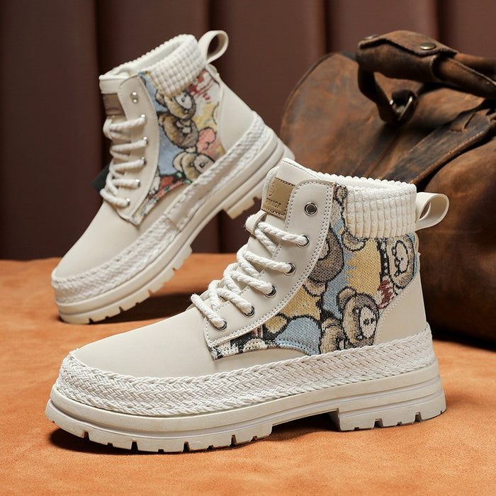 Men’s high top work boots – side view on urban pavement