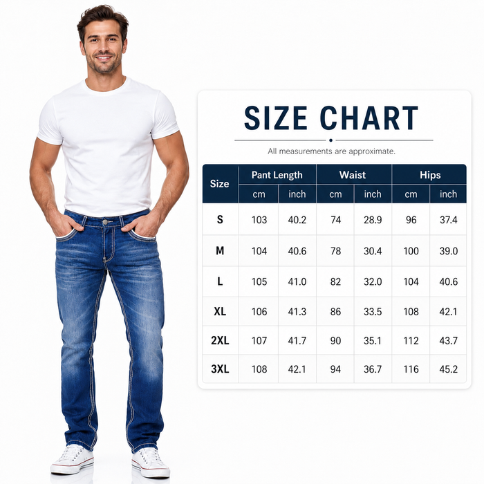 Men's straight fit jeans shown with a professional size chart for S, M, L, XL, 2XL and 3XL on a white background.