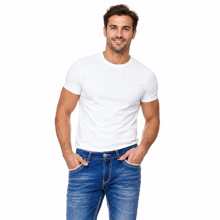 Men's straight fit jeans in blue shown in a closer studio view to highlight the waistband, pockets and contrast stitching.