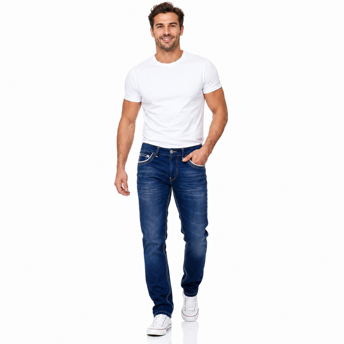 Men's straight fit jeans in dark blue shown on a male model in a walking studio pose against a white background.