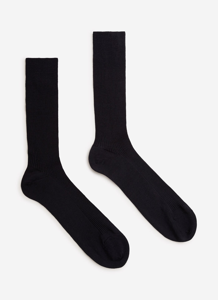 A pair of Percival navy ribbed merino wool socks, laid flat on a clean white background.