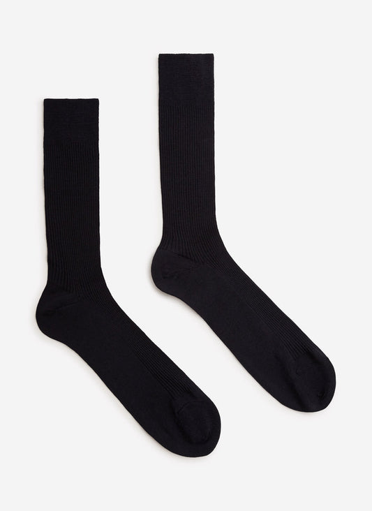 A pair of Percival navy ribbed merino wool socks, laid flat on a clean white background.