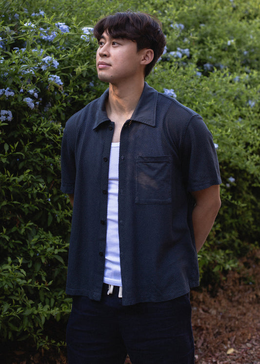 Front view of Mesh Button Down on model