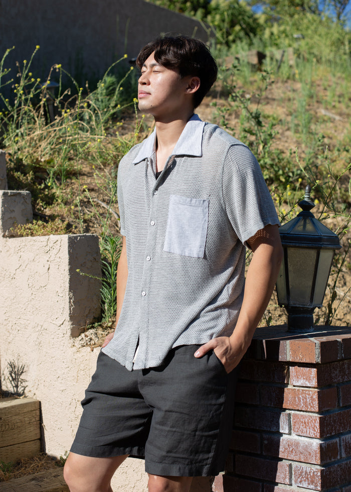 Back view of Mesh Button Down in grey on model