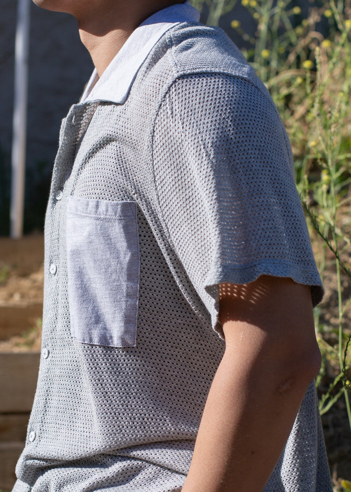 Side view of Mesh Button Down on model