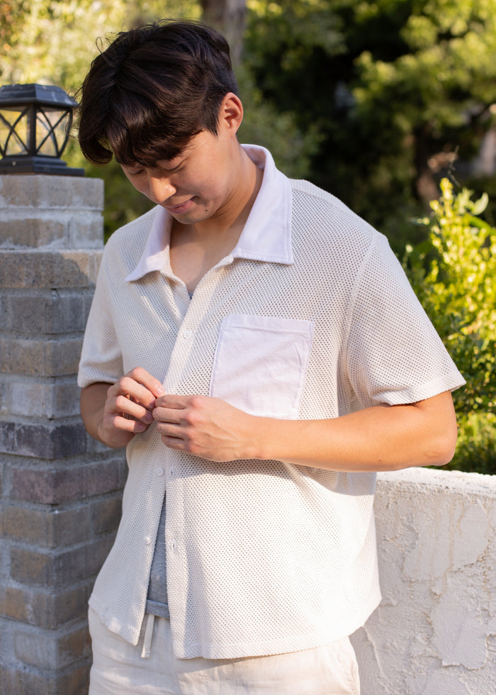 Back view of Mesh Button Down in coconut milk on model