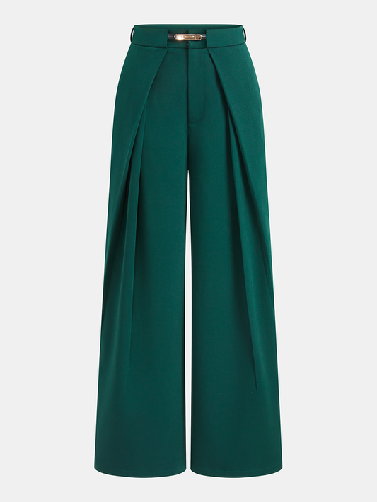 Mid Waist Belted Pleated Wide Leg Pants