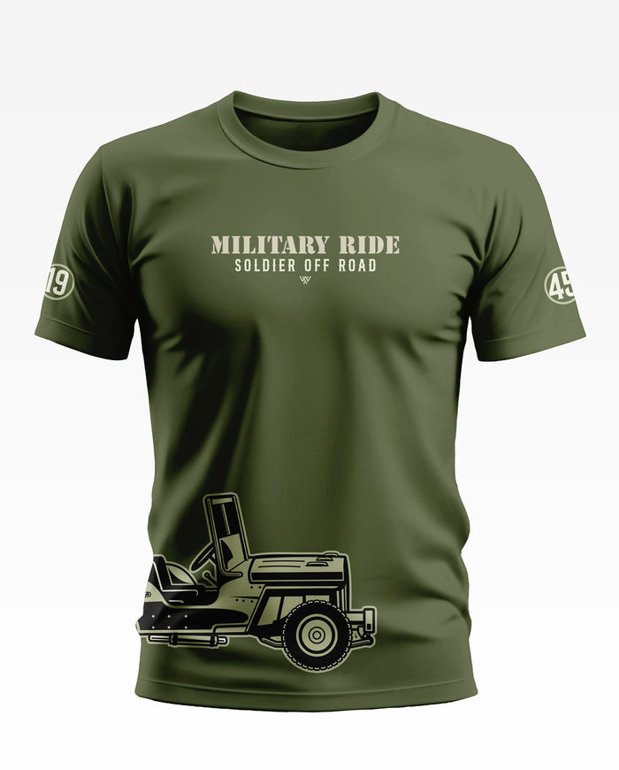 Olive green men's t-shirt with 'Military Ride Soldier Off Road' text and army jeep graphic